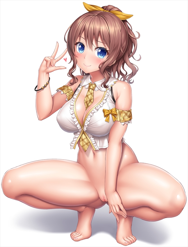 argyle armpit_crease bang_dream! bangs bare_arms bare_legs bare_shoulders barefoot between_breasts blue_eyes blush bottomless bracelet breasts brown_hair cleavage closed_mouth crop_top detached_collar detached_sleeves erect_nipples female folded_leg full_body gluteal_fold hair_between_eyes hair_ribbon hand_up head_tilt heart innie_pussy jewelry lambda_(kusowarota) large_breasts long_hair looking_at_viewer navel necktie ponytail pussy ribbon short_sleeves sidelocks simple_background smile solo squatting stomach thighs w wavy_hair white_background yamabuki_saaya yellow_neckwear yellow_ribbon