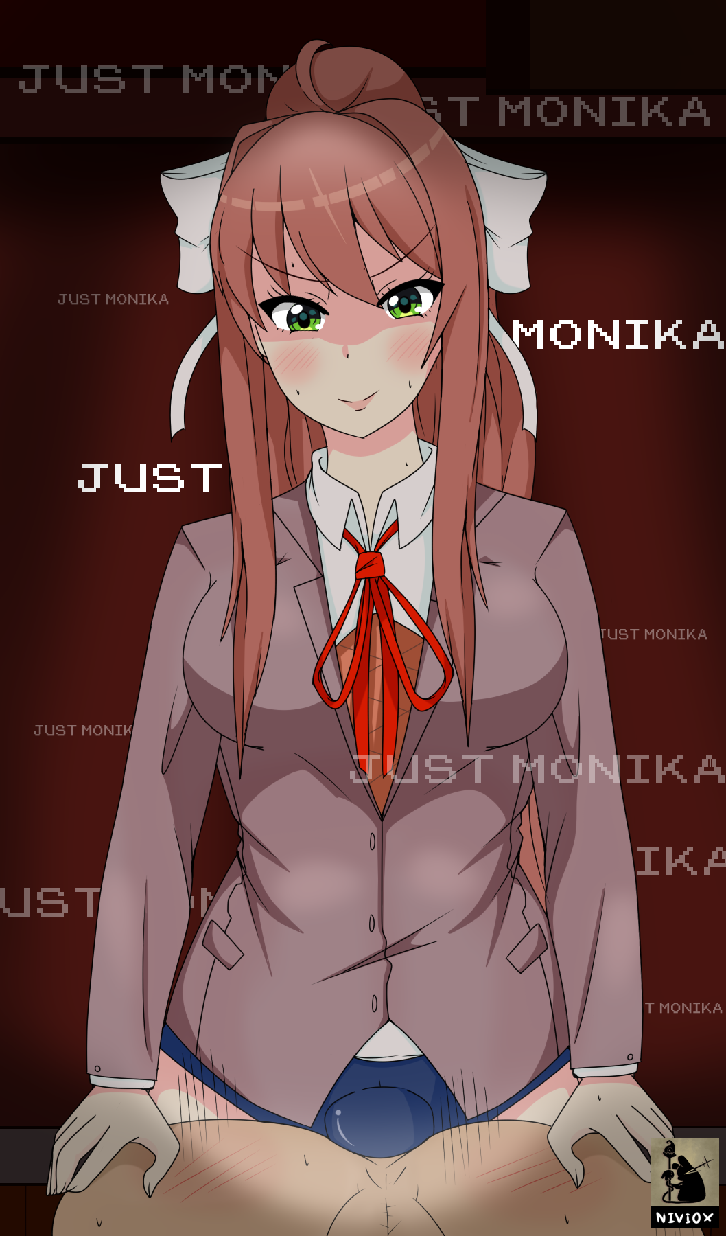 anal ass balls blush brown_hair doki_doki_literature_club duo female green_eyes hair_ribbon male monika_(doki_doki_literature_club) niviox pegging straight strap-on sweat