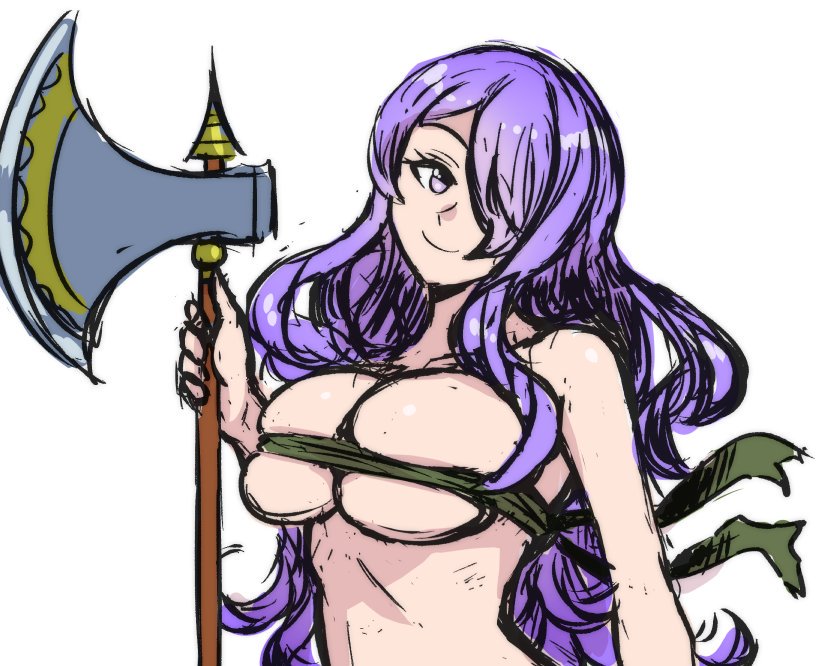 1girls, akairiot, axe, bandana, bare arms, bare shoulders, big breasts, breasts, camilla (fire emblem), female, female only, fire emblem, fire emblem fates, holding object, holding weapon, large breasts, long hair, looking at viewer, midriff, mostly nude, nintendo, purple eyes, purple hair, sketch, smile, solo, weapon, white background