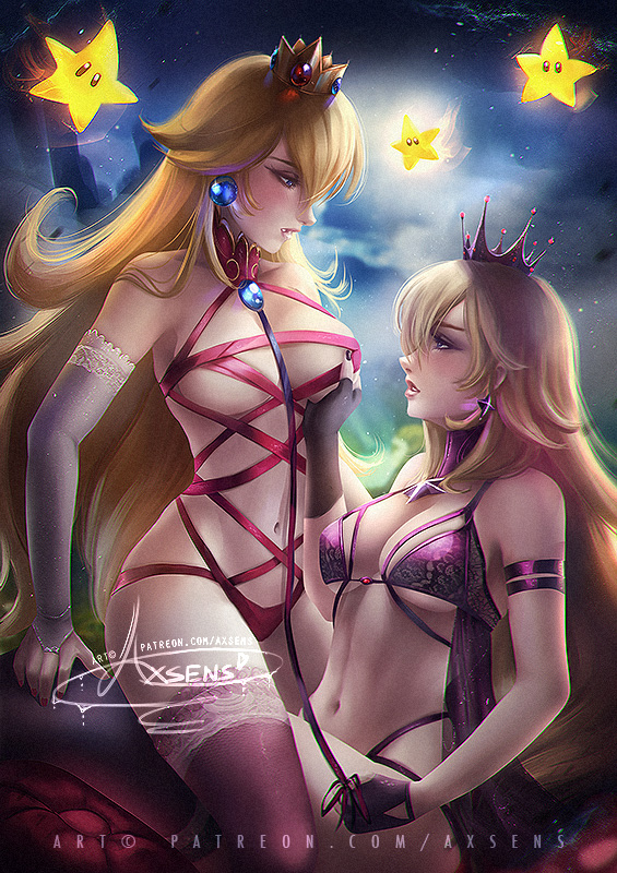 2girls, axsens, blonde hair, blush, bra, breast grab, breasts, cleavage, crown, duo, earrings, elbow gloves, enslaved royal, female, female only, femdom, femsub, fingerless gloves, gloves, hand on breast, human, jewelry, large breasts, leash, legwear, mario (series), multiple females, multiple girls, navel, nintendo, princess, princess peach, princess rosalina, purple gloves, sex slave, slave, slave girl, super mario bros., super mario galaxy, thick thighs, thighhighs, thighs, very long hair, white gloves, yuri