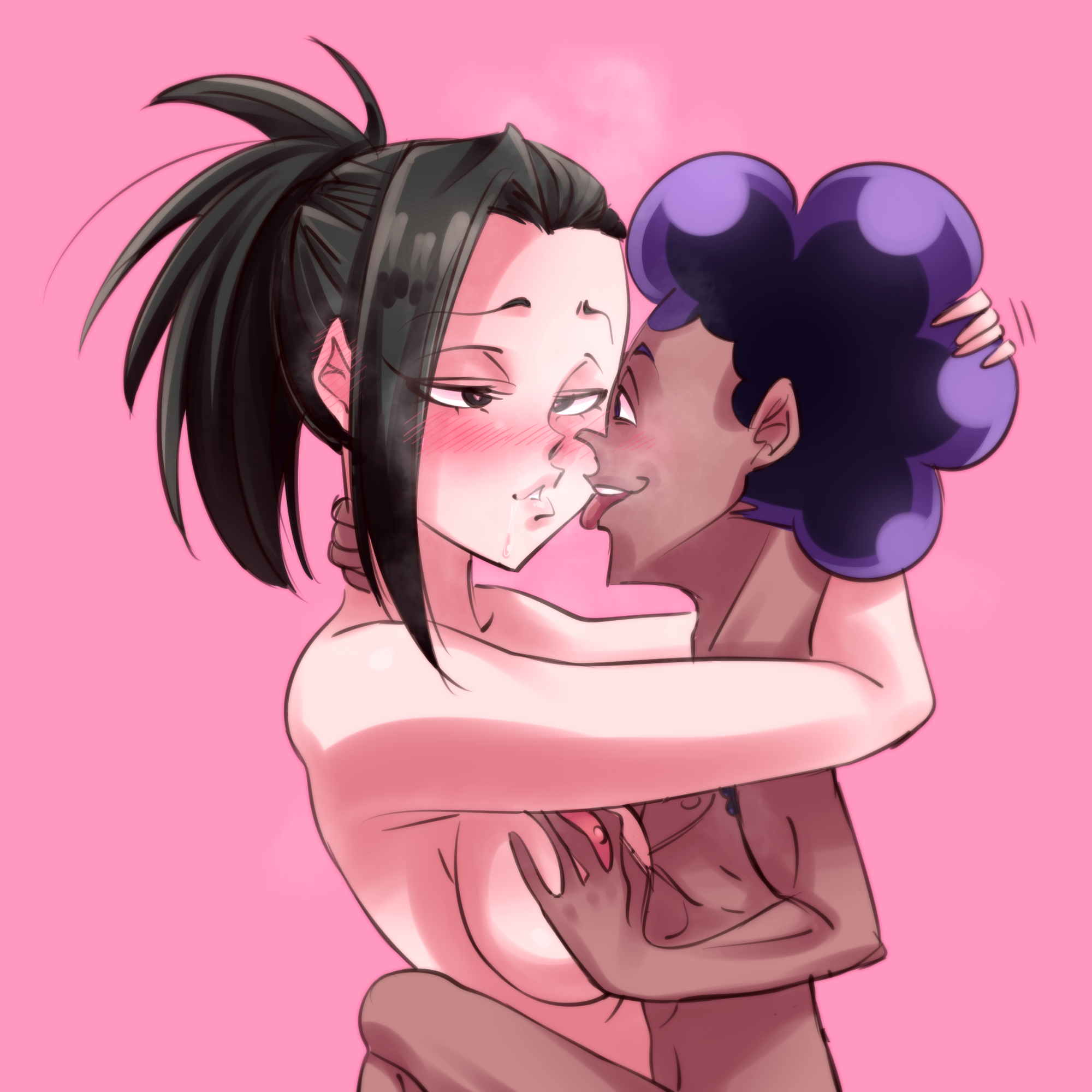 1boy, 1girls, black hair, black-haired female, breast grab, breast squeeze, breasts, female, grope, groping, hand on head, hand on neck, karmaniac, kissing, larger female, male, minoru mineta, momo yaoyorozu, my hero academia, purple hair, purple-haired male, shorter male/taller female, shounen jump, size difference, smaller male, smile, straight