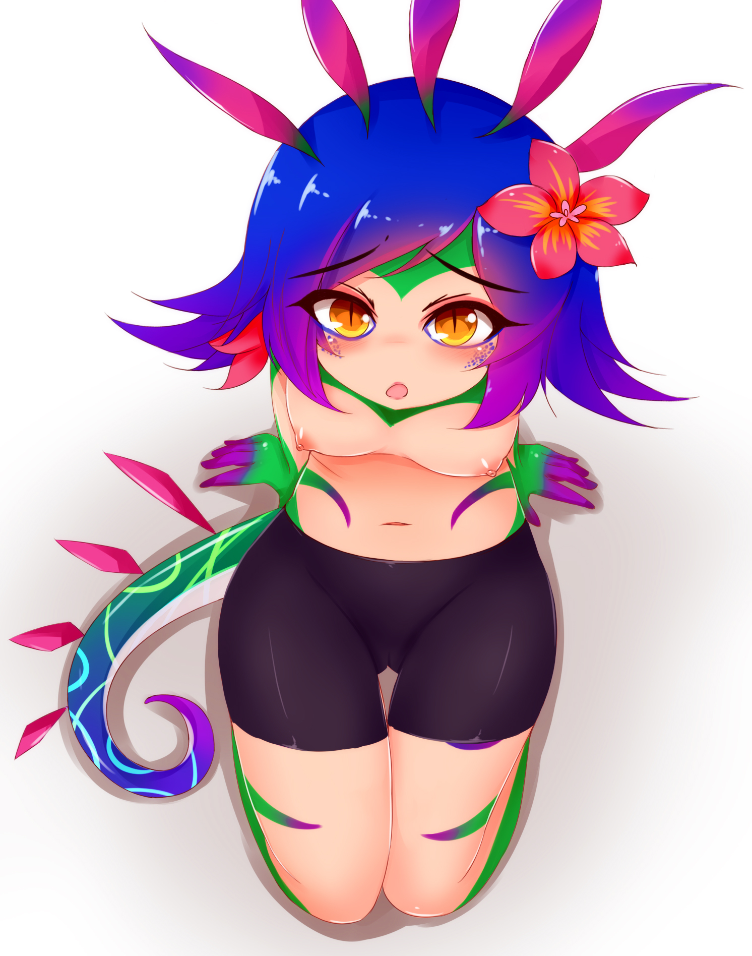 :o, 1girls, animal humanoid, areolae, arm support, ayatori, bike shorts, blue hair, blue scales, blush, body markings, breasts, cameltoe, eyeliner, facial markings, female, female only, flower, green scales, hair flower, highres, kneeling, league of legends, leaning back, lizard, lizard girl, lizard humanoid, looking at viewer, navel, neeko, nipples, no nose, on knees, open mouth, puffy nipples, pussy, riot games, scalie, short hair, short shorts, shorts, slit pupils, small breasts, solo, tail, tight clothes, topless, yellow eyes