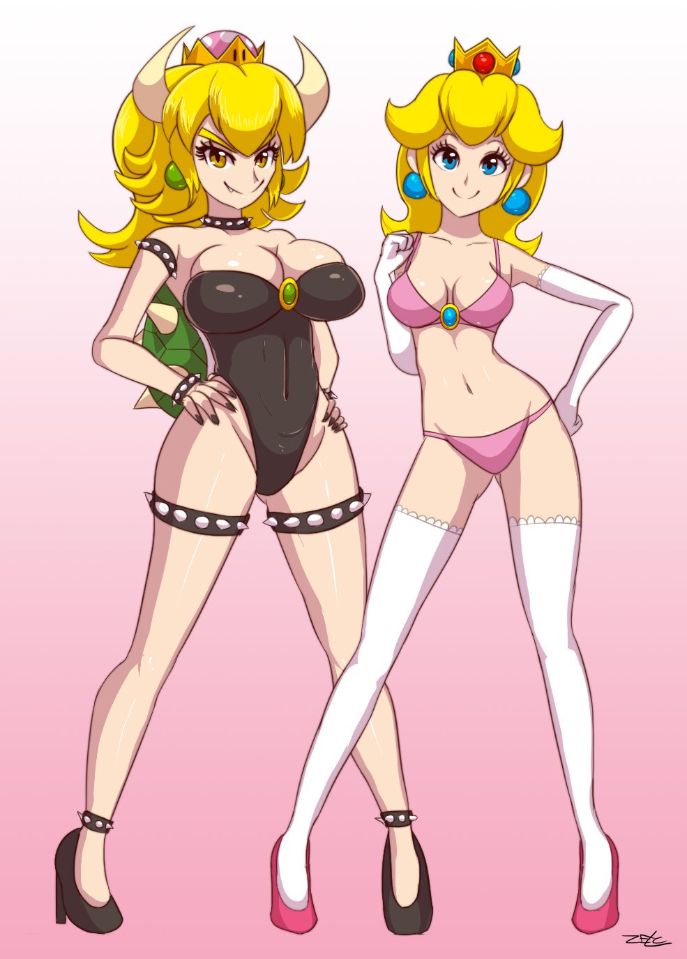 2girls bikini blonde_hair bowsette breasts crown female female_only high_heels horns large_breasts mario_(series) multiple_girls new_super_mario_bros._u_deluxe nintendo one-piece_swimsuit princess_peach rule_63 shell super_crown super_mario_bros. thigh_strap thighhighs zelc-face