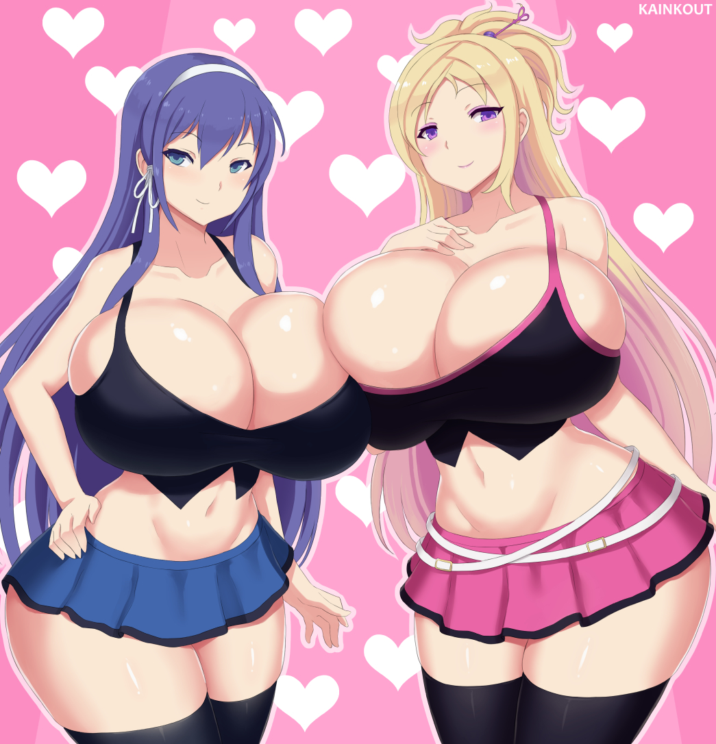 2girls blonde_hair breasts cleavage female female_only huge_breasts kainkout looking_at_viewer thighhighs tsukikage_koharu valkyrie_drive viola_(valkyrie_drive)