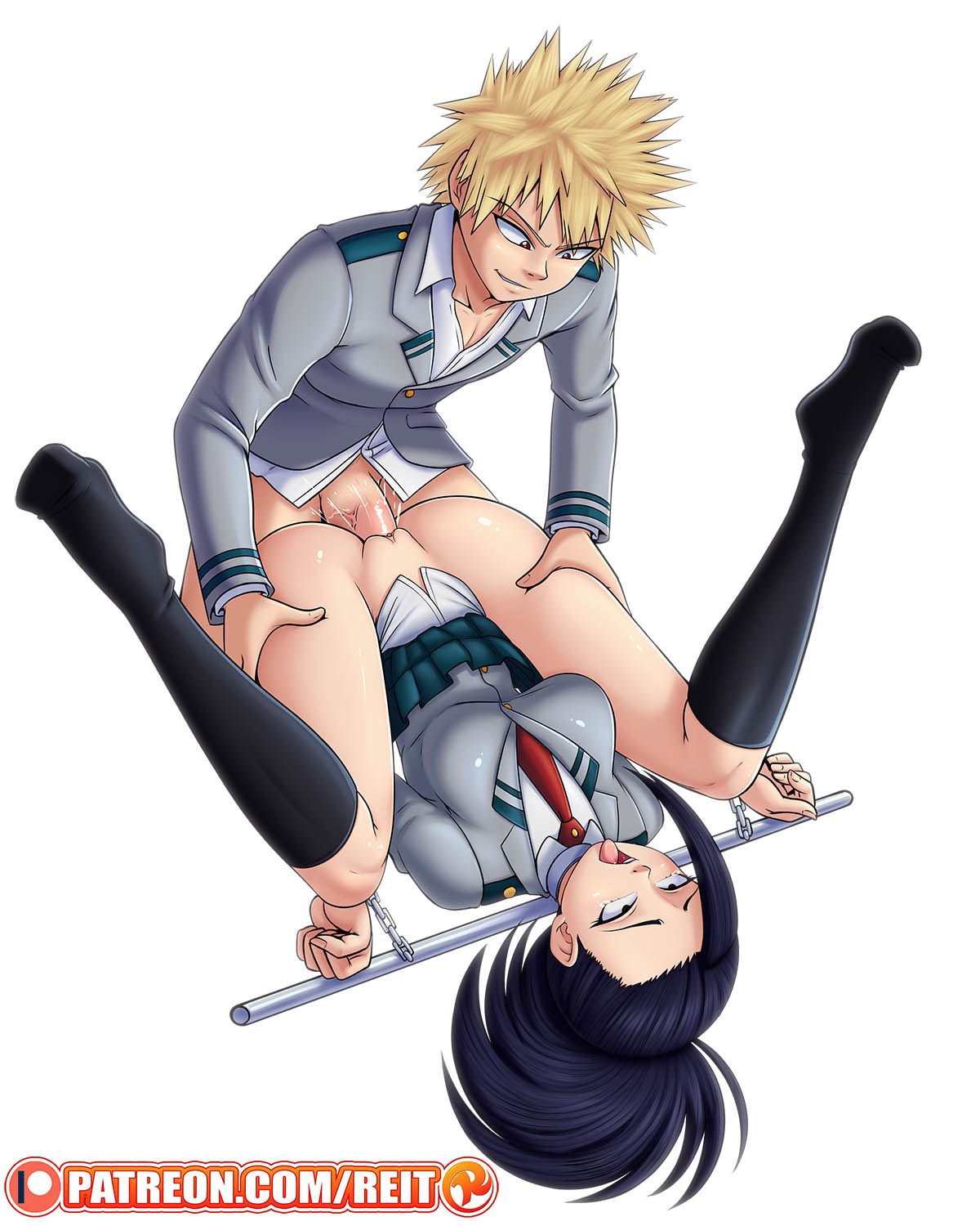 1boy, 1girls, ahe gao, big breasts, black hair, black-haired female, blonde hair, blonde-haired male, bondage, bound, breasts, collar, female, femsub, forced, fucked silly, grinning, katsuki bakugou, male, maledom, momo yaoyorozu, my hero academia, open mouth, penis, pussy, reit, restrained, rolling eyes, school uniform, skirt, skirt lift, skirt pull, skirt up, smile, smirk, tied hair, tied up, tongue, tongue out, u.a. school uniform, vaginal insertion, vaginal penetration