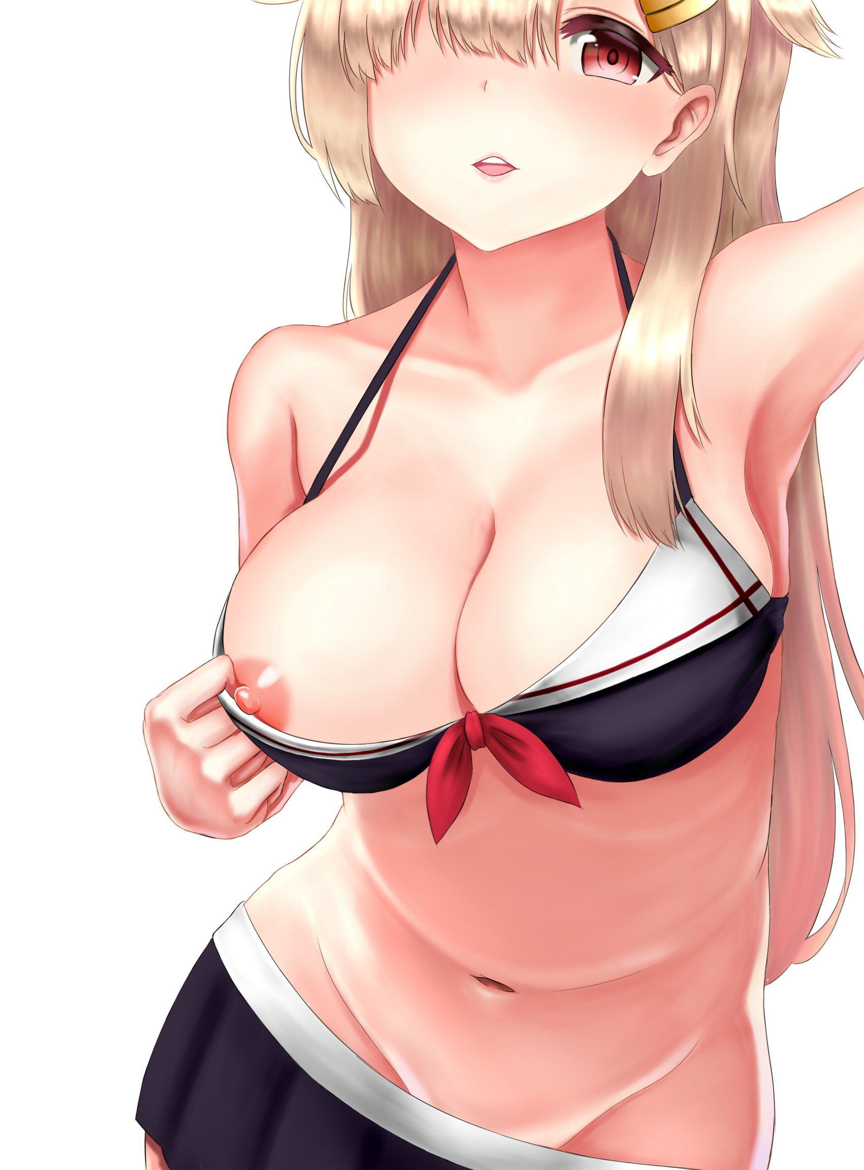 alternate costume, areolae, arm up, armpits, bangs, bare arms, bare shoulders, bikini, bikini skirt, black ribbon, blonde hair, blush, breasts, cleavage, collarbone, commentary request, curvy, ear, fat folds, female, flashing, gradient hair, groin, hair between eyes, hair flaps, hair ornament, hair over one eye, hair ribbon, hairclip, half-closed eye, hand up, highres, hips, kantai collection, leaning forward, long hair, looking at viewer, messy hair, multicolored hair, navel, nipple slip, nipples, one breast out, one eye visible, parted lips, red eyes, remodel (kantai collection), ribbon, ringed eyes, shadow, shiny, shiny hair, shiny skin, simple background, solo, stomach, straight hair, strap gap, swimsuit, u4284g, upper body, white background, yuudachi (kantai collection)