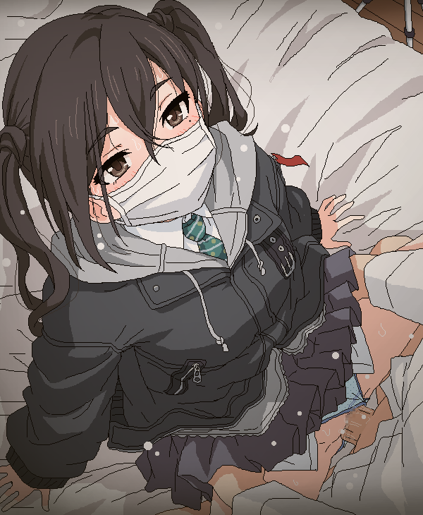 1boy arm_support bangs bed black_coat black_hair black_skirt blue_panties blush censored clothed_sex clothing_aside coat collared_shirt covering_mouth dress_shirt eyebrows_visible_through_hair female flying_sweatdrops hair_between_eyes idolmaster idolmaster_cinderella_girls long_hair long_sleeves looking_at_viewer miniskirt mole mole_under_eye mosaic_censoring necktie on_bed panties panties_aside penis pleated_skirt sex shirt sitting skirt solo_focus straight sunazuka_akira surgical_mask sweat tomu_(tomubobu) twintails underwear vaginal_penetration white_shirt zipper_pull_tab