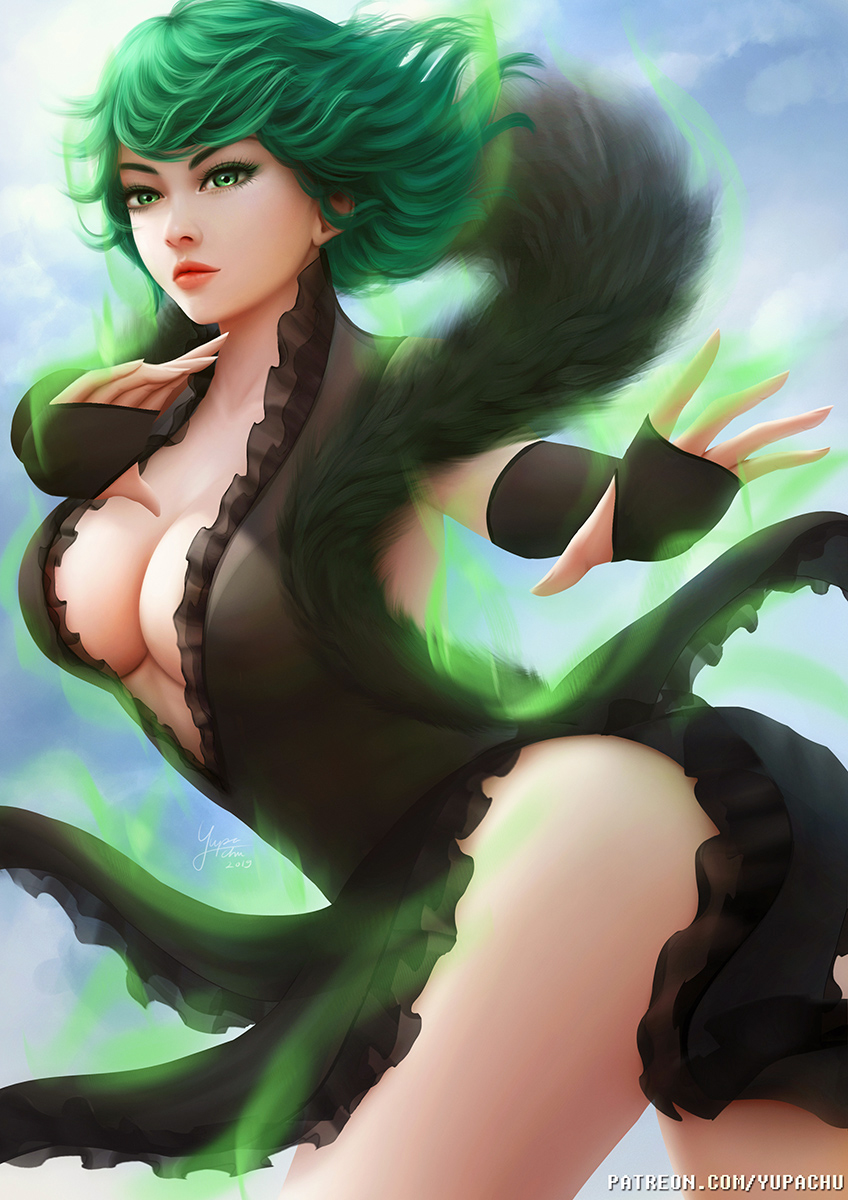 1girls, ass, black dress, boobs and butt pose, breasts, cleavage, dress, female, female only, green eyes, green hair, looking at viewer, looking back, one-punch man, revealing clothes, shounen jump, solo, tatsumaki, thighs, yupachu