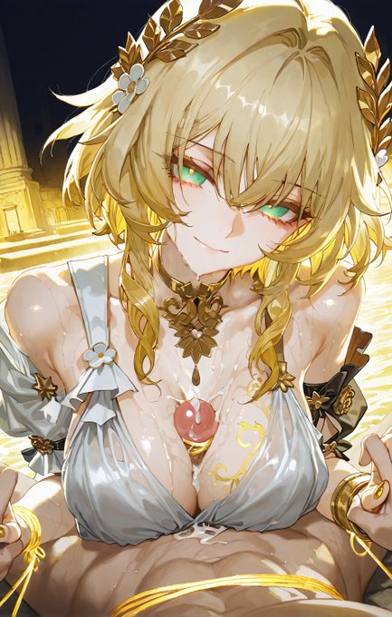 1girls, aglaea (honkai: star rail), ai generated, blonde hair, breasts, cum, cum on breasts, female, green eyes, honkai: star rail, looking at viewer, titjob