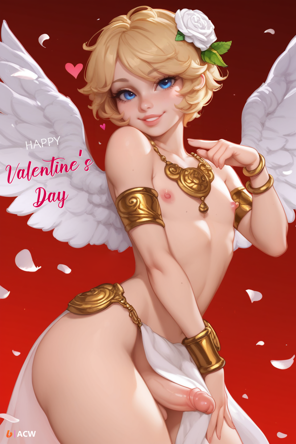 1boy acw ai_generated angel_wings blonde_hair blue_eyes cupid cute_male erect_penis feathered_wings femboy feminine_male girly gold_bracelet heart light-skinned_male light_skin loincloth loincloth_aside looking_at_viewer male nipples penis penis_out puffy_nipples short_hair smile solo solo_male trap twink valentine's_day