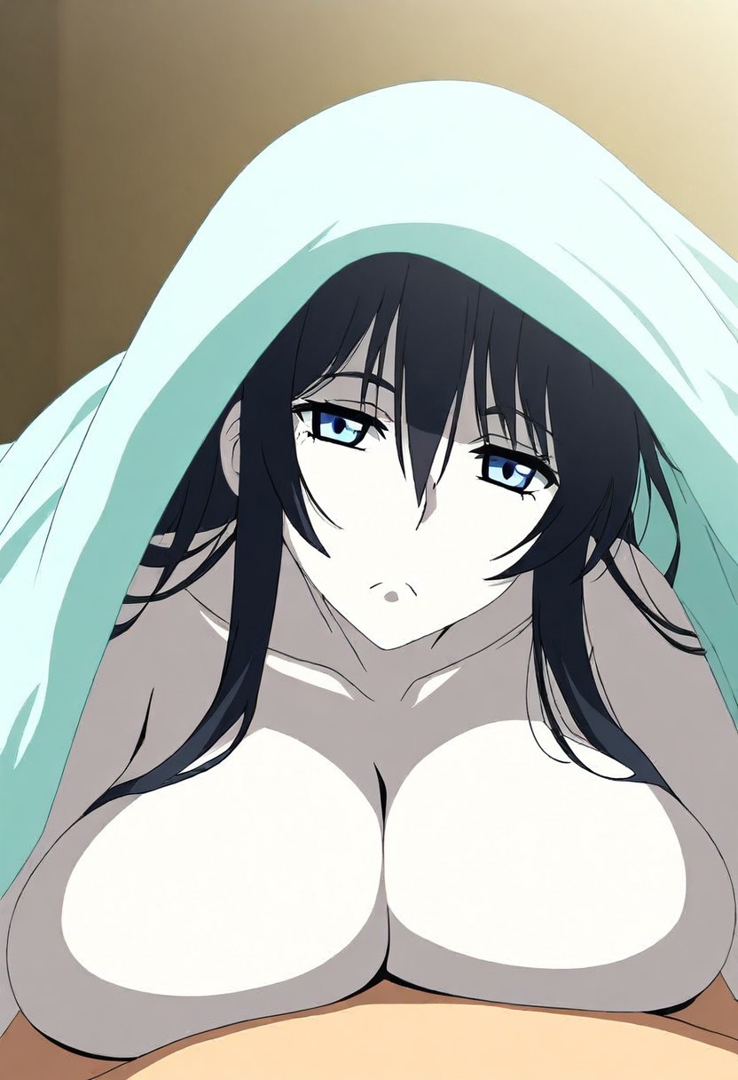 1boy 1girls ai_generated bed black_hair blue_eyes breast_squish civitai close-up female frown huge_breasts imminent_sex messy_hair natalie_(crizzyeyes) original_character pale-skinned_female pale_skin pov pov_eye_contact resting_bitch_face sheets under_sheets