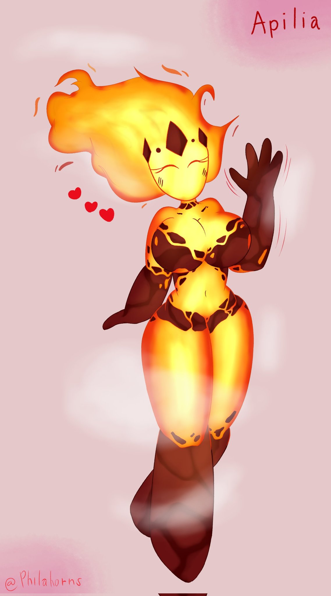 1girls 2d 2d_(artwork) 4_fingers anthro anthro_only anthrofied apilia belly belly_button blush breasts elemental_creature elemental_girls elemental_humanoid eyelashes eyes_closed female female_only fire fire_hair heart hi_res not_human philahorns raised_arm smoke smoke_all_over_the_body tagme