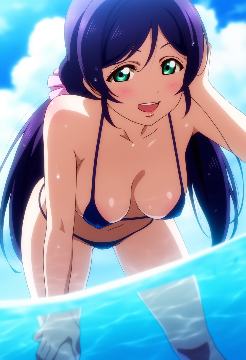 1girls 2d beach beautiful_females bikini female human long_legs love_live! love_live!_school_idol_project purple_hair solo swimsuit thighs toujou_nozomi wink