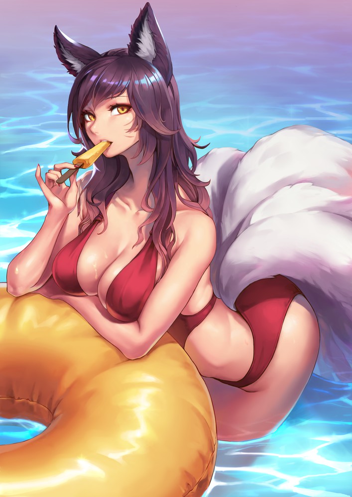 1girls ahri bikini black_hair breasts female_focus female_only fox_ears fox_tail large_breasts league_of_legends long_hair looking_at_viewer medium_breasts oopartz_yang pool popsicle red_bikini riot_games sfw tail yellow_eyes