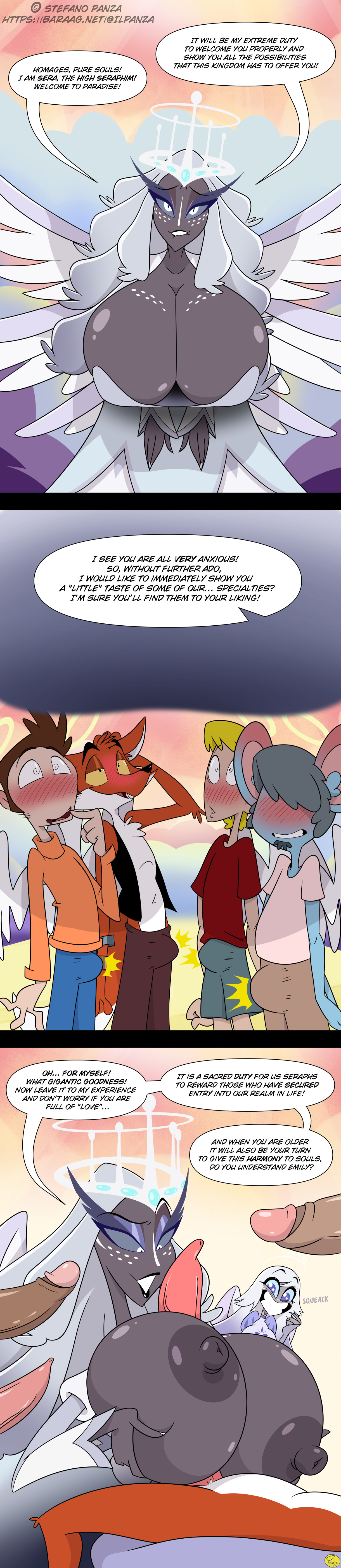 accurate art style, angel, anthro, areolae, big breasts, blush, breasts, bulge through clothing, canine, comic, dialogue, emily (hazbin hotel), excited, female, furry, grey skin, group sex, hazbin hotel, huge breasts, ilpanza, imminent sex, male, male/female, nipples, paizuri, pussy, sera (hazbin hotel), straight, titjob, white hair