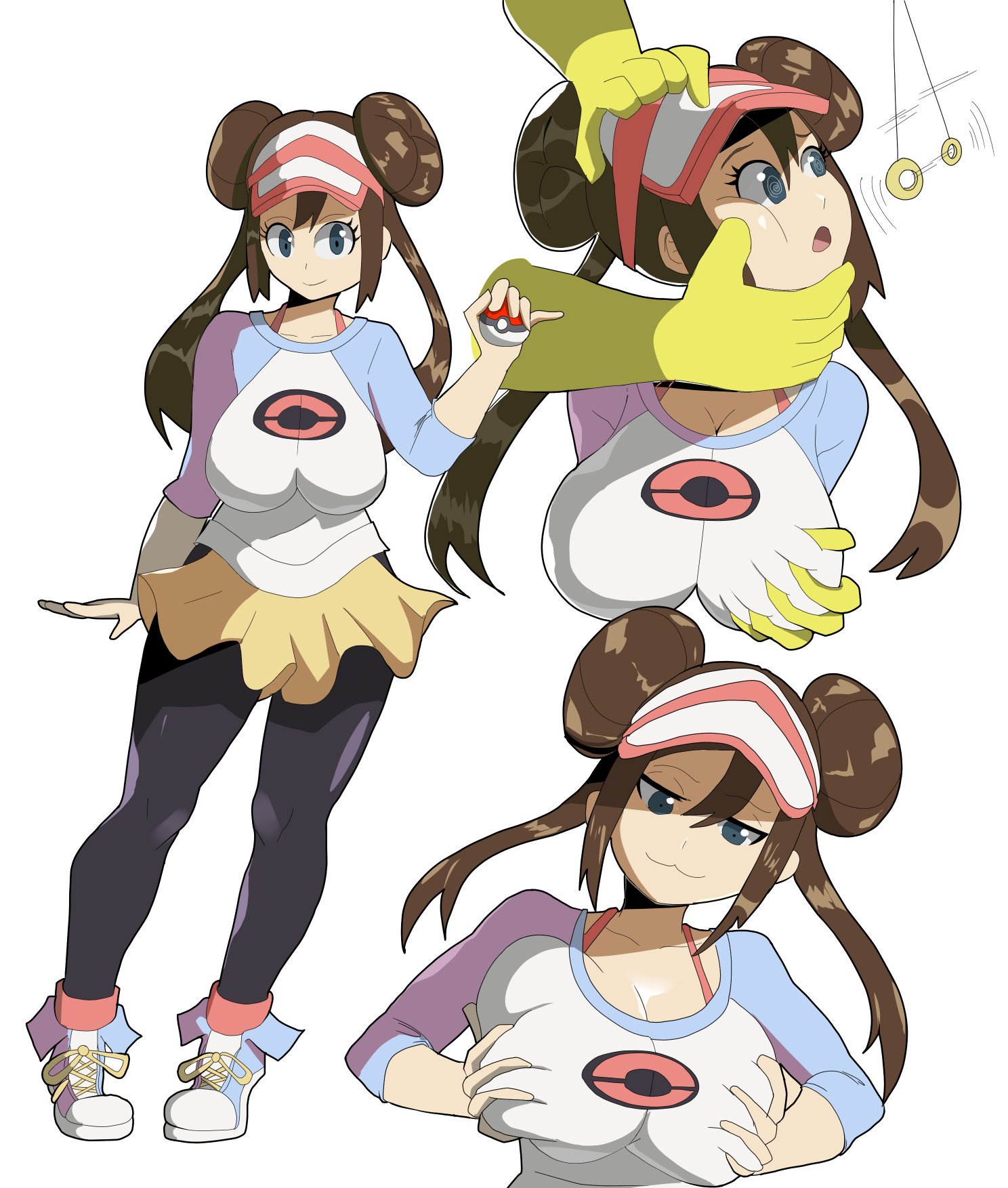 :3, 1boy, 1girls, big breasts, black legwear, blue eyes, breasts, brown hair, cap, cleavage, clothed, doublehero, female, fondling breast, forced, hairbun, half-closed eyes, hand on cheek, holding breasts, holding head, human, hypno, hypnosis, large breasts, male, mind control, nintendo, nude, pendulum, poke ball, pokemon, pokemon (species), pokemon bw2, pokemon rgby, rosa (pokemon), thick thighs