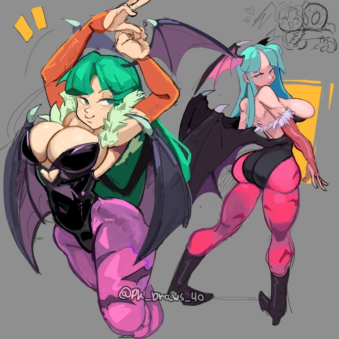 1:1 2girls ass big_ass big_breasts breasts darkstalkers fanart female female_only green_eyes green_hair head_wings huge_breasts large_ass large_breasts lilith_aensland morrigan_aensland multiple_girls pk_draws_40 wings