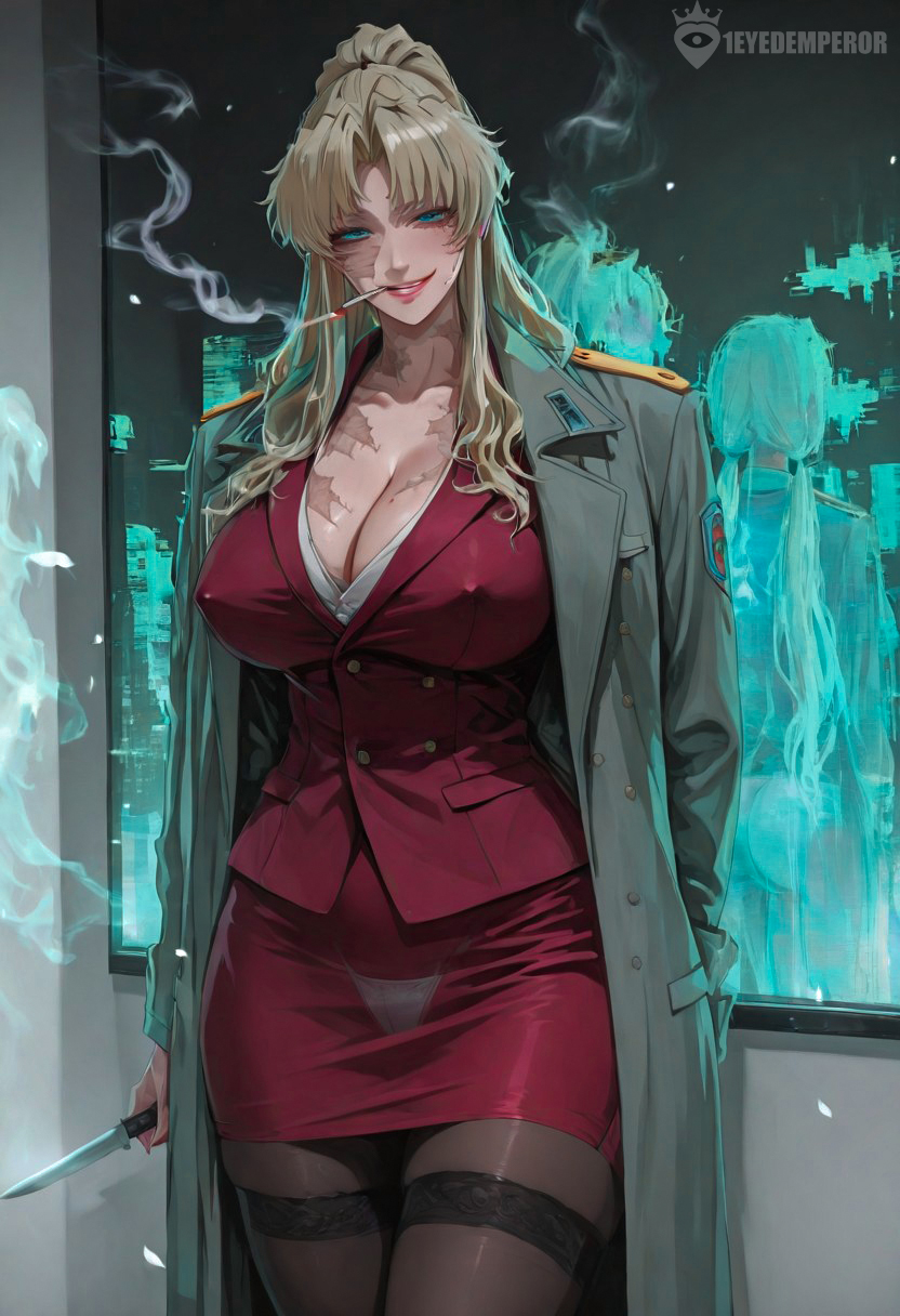 1eyedemperor 2d 2d_(artwork) abs adult_female ai_assisted ai_generated balalaika big_breasts big_butt bimbo black_lagoon black_mascara black_stockings blue_eyes blue_hair cigarette crazy_eyes crazy_face crazy_grin cyberpunk erect_nipples evil_grin evil_smile female flashing flashing_panties flashing_pussy horny huge_breasts huge_nipples kitchen_knife knife knife_play long_hair looking_at_viewer mature_female milf military military_jacket military_uniform muscles muscular muscular_female neon neon_lights nipples oneyedemperor pink_background public puffy_lips puffy_pussy red_clothing red_dress red_lipstick red_topwear russian russian_girl sagging_breasts scar scar_on_chest scar_on_face small_panties small_skirt small_top smile smiling_at_viewer smoke smoking thick_thighs tight_skirt tight_topwear transparent_clothing uniform uniform_top white_bra white_hair white_panties white_underwear wide_hips