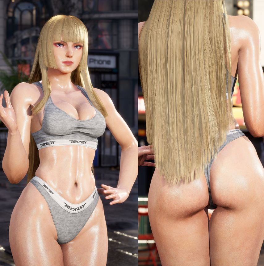 abs ass ass_focus back_view blonde_hair brand_name calvin_klein child_bearing_hips cleavage curvy emilie_de_rochefort female fit_female gameplay_screenshot hand_on_hip hime_cut huge_breasts large_breasts long_hair mod panties purple_eyes sports_bra sportswear taller_female teasing tekken tekken_8 thigh_gap thighs underwear_only wedgie white_skin