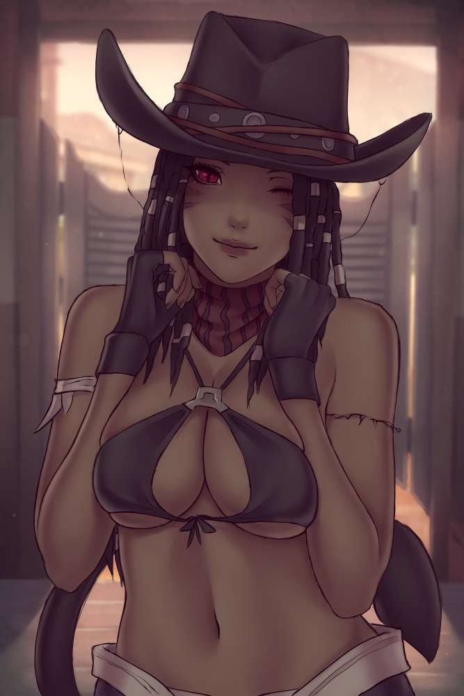 1girls, bandana, bra, female, female only, final fantasy, final fantasy xiv, hat, miqo'te, one eye closed, red eyes, solo, soranamae, square enix, video games, wink