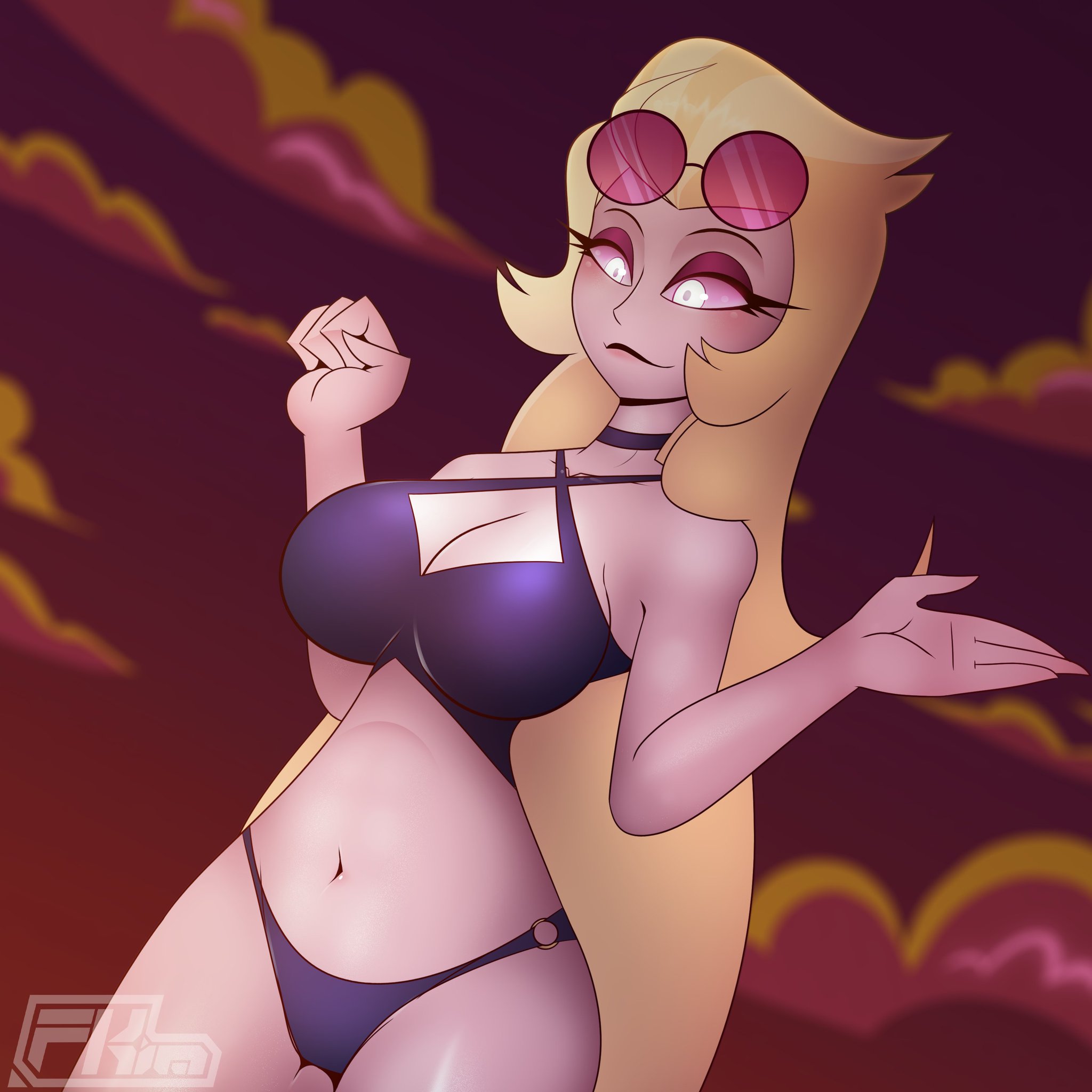 1girls, bikini, female, fkimnsfw, hazbin hotel, lilith morningstar (hazbin hotel), solo, solo female, sunglasses, sunglasses on head, tagme