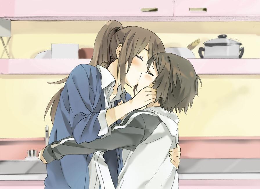 2girls brown_hair female female_only kissing liar-soft okujou_no_yurirei-san passionate size_difference yuri