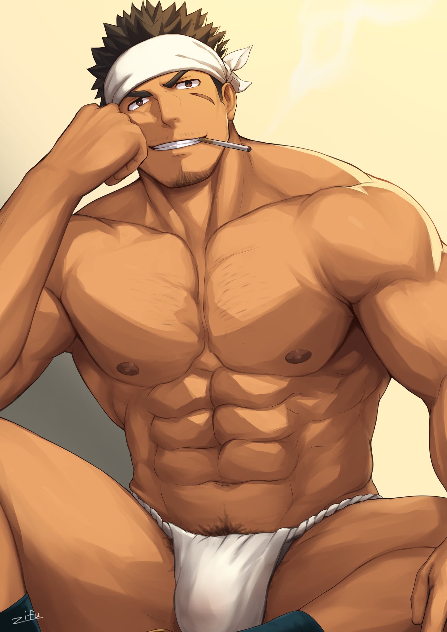 1boy abs armpits bandana bara beard_stubble beefy biceps big_areola big_breasts big_bulge brown_hair bulge bulge_through_clothing chest_hair cigarette cigarette_in_mouth cigarette_smoke clenched_teeth crossed_legs daddy dilf footwear frown fundoshi fundoshi_only grin hand_on_face hand_on_leg happy_trail hi_res hunk looking_at_viewer male male_breasts male_only manly mature_male muscles muscular muscular_arms muscular_legs muscular_male muscular_thighs mustache_stubble oppai original original_character pecs pubic_hair rokushaku_fundoshi scar scar_on_face scar_under_eye shadow short_hair simple_background sitting six_pack smoking smoking_cigarette spiky_hair spread_legs thick_arms thick_eyebrows thick_neck thick_thighs topless tough_guy white_fundoshi zifu