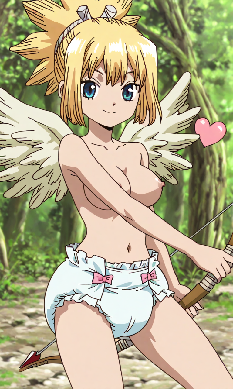 arrow blonde_hair blue_eyes cupid diaper dr._stone dr.stone heart heart_arrow kohaku_(dr.stone) nipples ponytail valentine's_day weapon wings