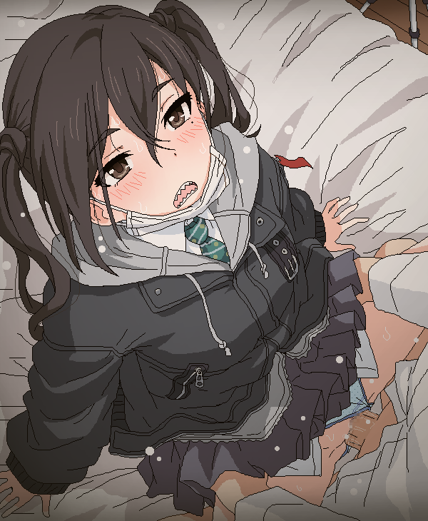 1boy arm_support bangs bed black_coat black_hair black_skirt blue_panties blush censored clothed_sex clothing_aside coat collared_shirt dress_shirt eyebrows_visible_through_hair female flying_sweatdrops hair_between_eyes idolmaster idolmaster_cinderella_girls long_hair long_sleeves looking_at_viewer mask_pull miniskirt mole mole_under_eye mosaic_censoring necktie on_bed open_mouth panties panties_aside penis pleated_skirt sex sharp_teeth shirt sitting skirt solo_focus straight sunazuka_akira surgical_mask sweat teeth tomu_(tomubobu) twintails underwear vaginal_penetration white_shirt zipper_pull_tab