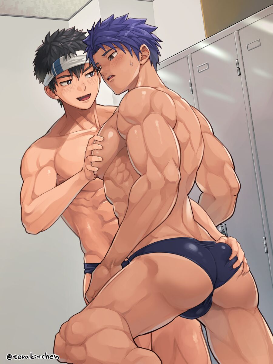 2boys abs ass back_muscles balls_under_clothes bandana bangs beefy biceps big_areola black_eyes black_hair blush bubble_butt collarbone duo ebitendon erect_nipples gay grabbing grabbing_ass grabbing_breasts half-closed_eyes hand_on_leg happy headband hi_res indoors kneeling locker locker_room looking_at_another male male/male male_only mature_male muscles muscular muscular_arms muscular_ass muscular_back muscular_legs muscular_male muscular_thighs original original_character pecs plump_ass purple_hair short_hair six_pack soft_ass soft_breasts spread_legs standing sweat sweatdrop swim_briefs swimsuit topless torakichi_(ebitendon) torakitchen yaoi