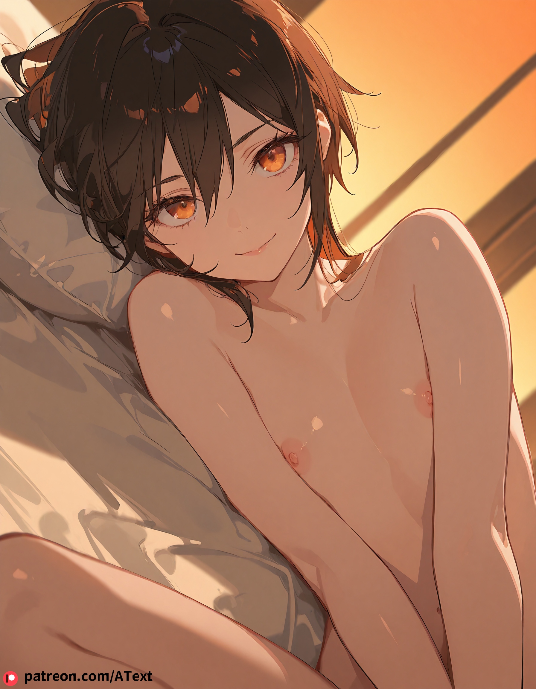 1boy, ai generated, bed, brown hair, cute, femboy, flat chest, looking at viewer, male, nipples, orange eyes, pillow, seductive smile