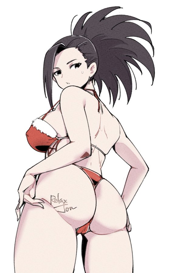 1girls ass ass_focus big_ass big_breasts bikini black_eyes black_hair breasts female female_focus female_only looking_at_viewer momo_yaoyorozu my_hero_academia ponytail relaxjon solo solo_female solo_focus sweat sweatdrop swimsuit thick_thighs