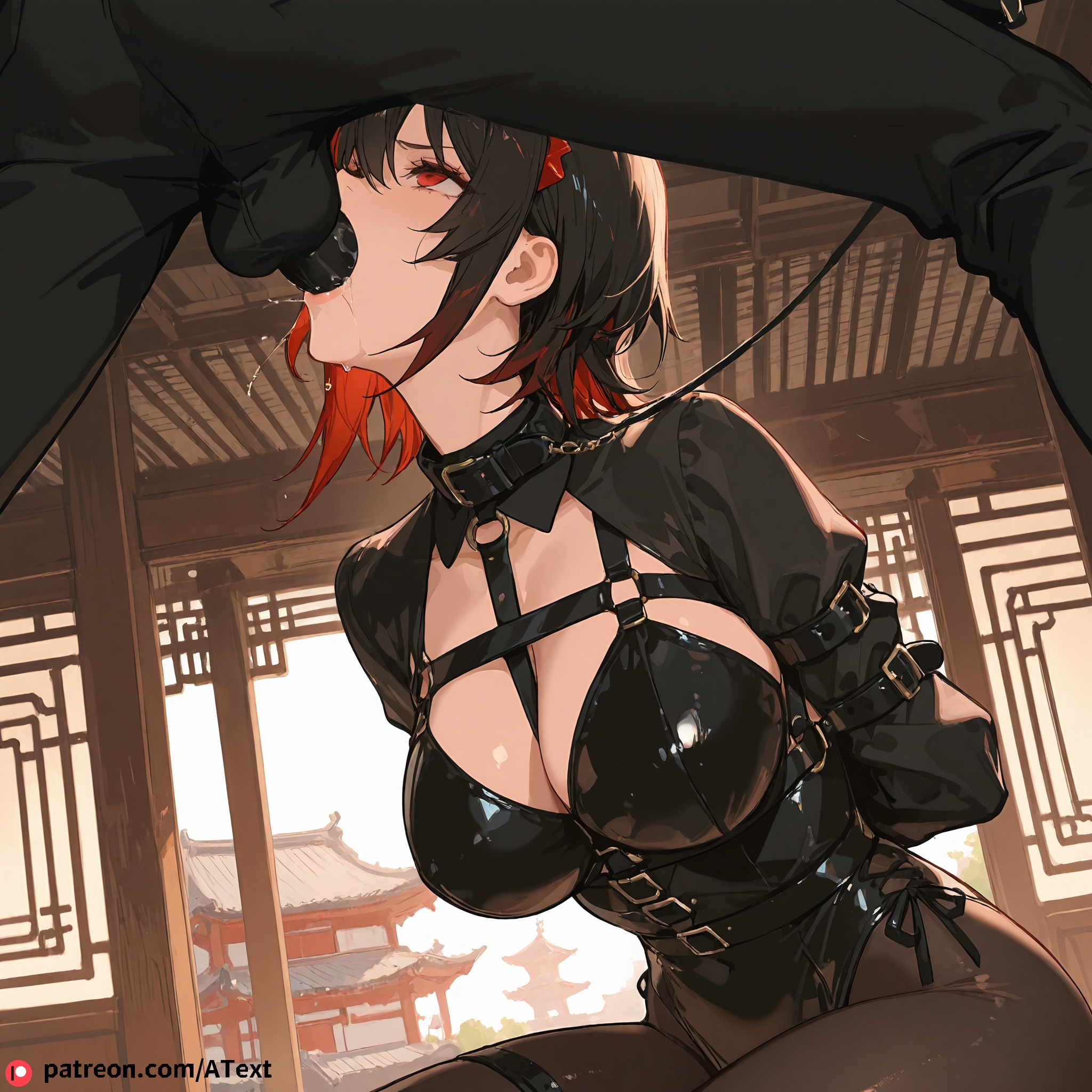 ai generated, balls, black hair, bondage, bondage outfit, breasts, chinese architecture, collar, dark skin, deepthroat, ellen joe, erection, fellatio, female, harness, large breasts, male, penis, red eyes, red hair, rough sex, saliva, testicles, uncensored, zenless zone zero