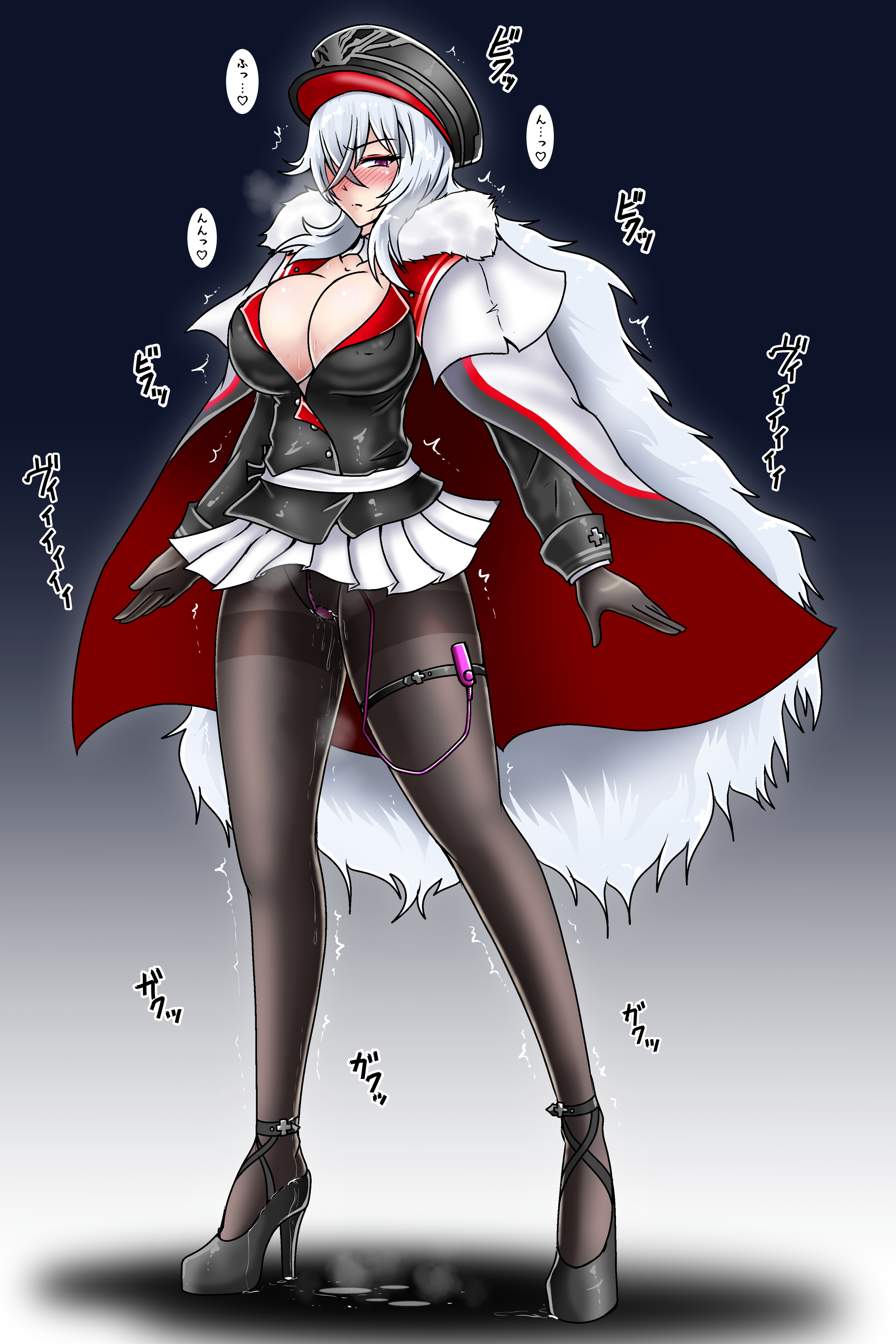 absurdres, azur lane, bangs, black footwear, black gloves, black hat, black jacket, black legwear, blue background, blush, breasts, breath, cleavage, closed mouth, collarbone, controller, erect nipples, eyebrows visible through hair, female, full body, fur trim, gloves, gradient, gradient background, graf zeppelin (azur lane), hair over one eye, half-closed eyes, hat, heart, high heels, highres, jacket, japanese text, large breasts, long sleeves, looking at viewer, miniskirt, nipples, nose blush, pantyhose, peaked cap, pleated skirt, pubic hair, purple eyes, pussy, pussy juice, remote control, remote control vibrator, shiny, shiny clothes, shiny hair, shoes, simple background, skirt, solo, speech bubble, spoken heart, standing, steam, sweat, tasuro kuzuha, thigh strap, thighband pantyhose, translation request, trembling, vibrator, vibrator under clothes, white coat, white hair, white skirt