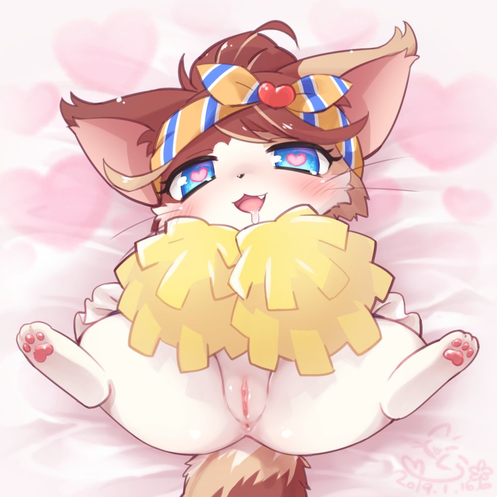 <3_eyes :3 anus blue_eyes blush cat_busters cheer_(cat_busters) cheerleader feline female fur furry furry_only lying mizuki_kotora open_mouth pussy solo tail uncensored