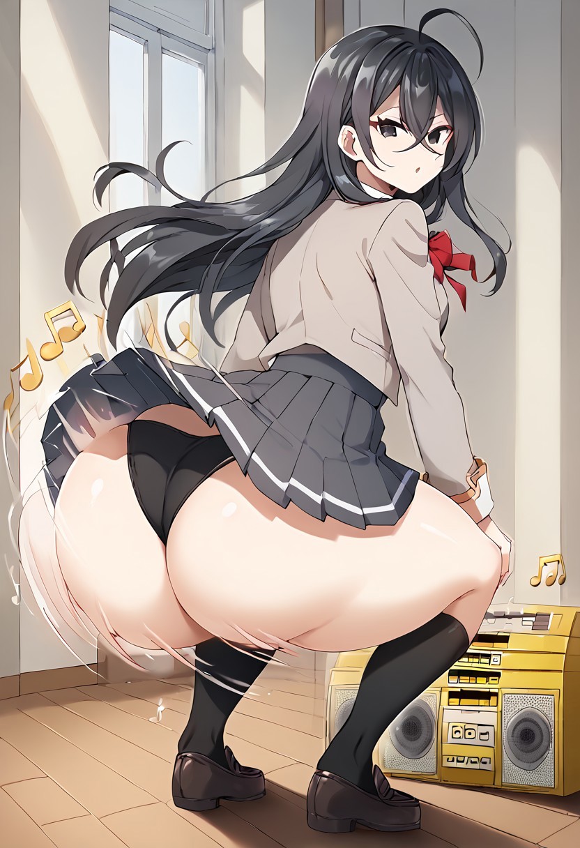 1girls ai_generated ass ass_shake black_footwear black_hair black_skirt black_socks body_control boombox bouncing_ass bow bowtie collared_shirt dekutree10 gold_boombox_(prevence) grey_jacket hypnosis hypnotized jacket kimishima_ayano loafers long_hair long_sleeves looking_at_viewer looking_back pleated_skirt red_bow red_bowtie school_uniform seiren_academy_school_uniform shirt skirt socks throwing_it_back tokidoki_bosotto_russian_de_dereru_tonari_no_alya-san twerk twerk_hypnosis twerking uniform upskirt