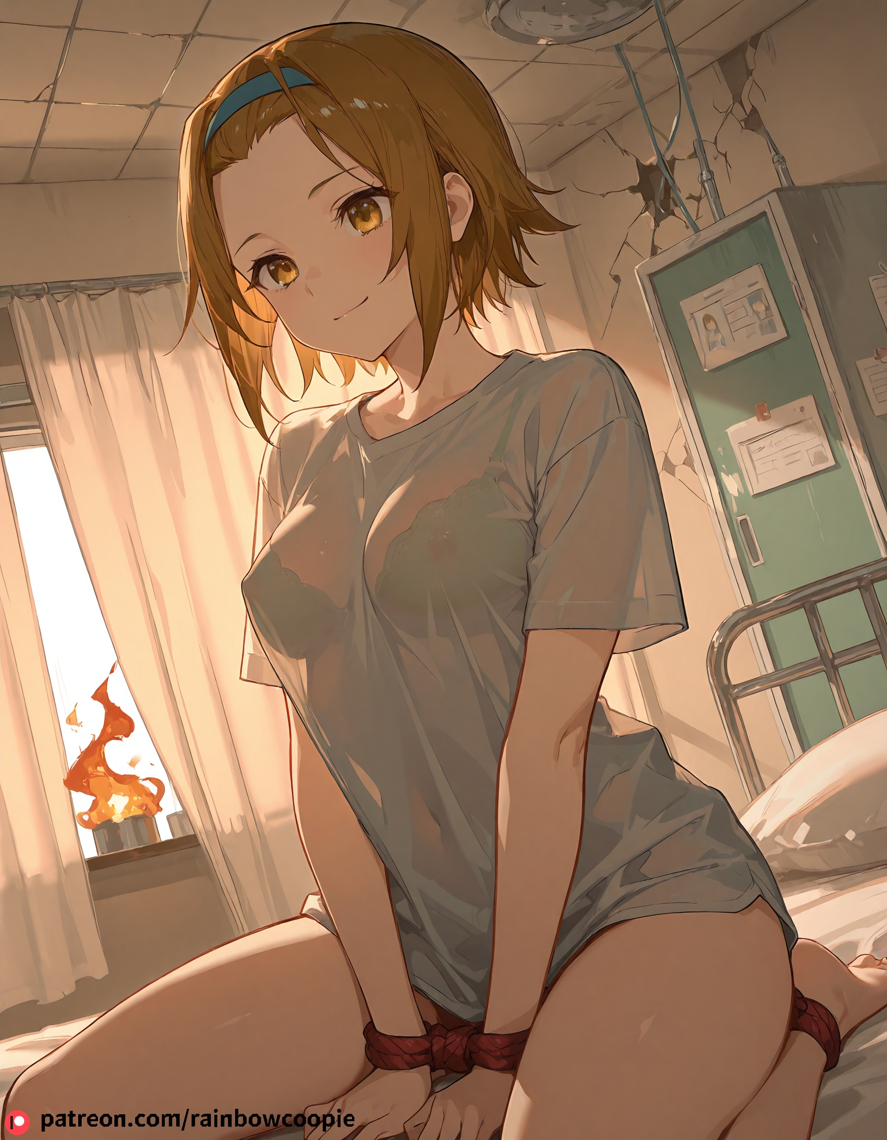 ai generated, bra visible through clothes, breasts, cracked walls, female, fire, hogtied, infirmary, k-on!, medium breasts, nipple outline, ritsu tainaka (k-on!), smile