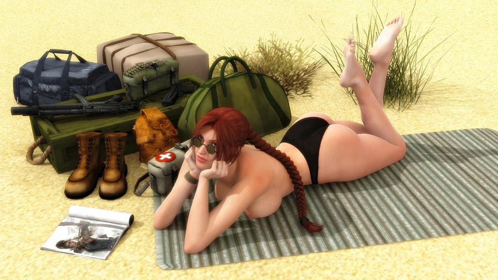 3d ass auburn_hair barefoot big_breasts bleinnie braid breasts brown_eyes bubble_butt busty desert female female_focus female_only full_body hourglass_figure lara_croft lara_croft_(classic) long_hair pinup pinup_pose sunbathing sunglasses tagme tomb_raider topless wide_hips