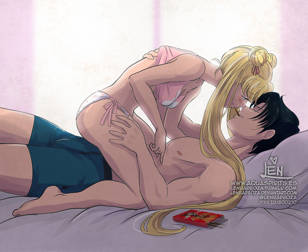 1boy 1girls adorable aquarina barefoot bishoujo_senshi_sailor_moon blush boxers_(clothing) canon_couple casual clothing cuddling cute girl_on_top hand_in_shirt hand_up_shirt hanging_breasts imminent_kiss in_bed mamoru_chiba no_bra on_bed panties playful pocky pocky_game relaxing romantic small_breasts smooth_skin straddling straight string_panties tank_top uncensored underwear usagi_tsukino very_long_hair wholesome