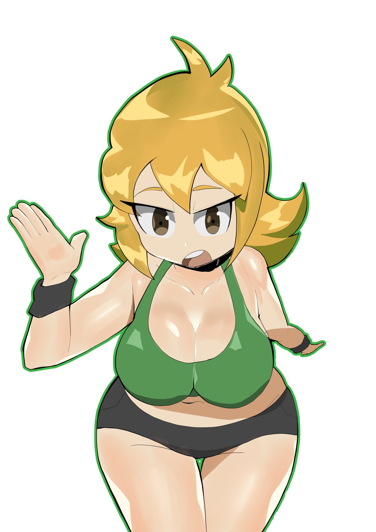 1girls, big breasts, blonde hair, breasts, doublehero, female, green tank top, light brown eyes, looking at viewer, mighty switch force, patricia wagon, shiny skin, shorts, tagme