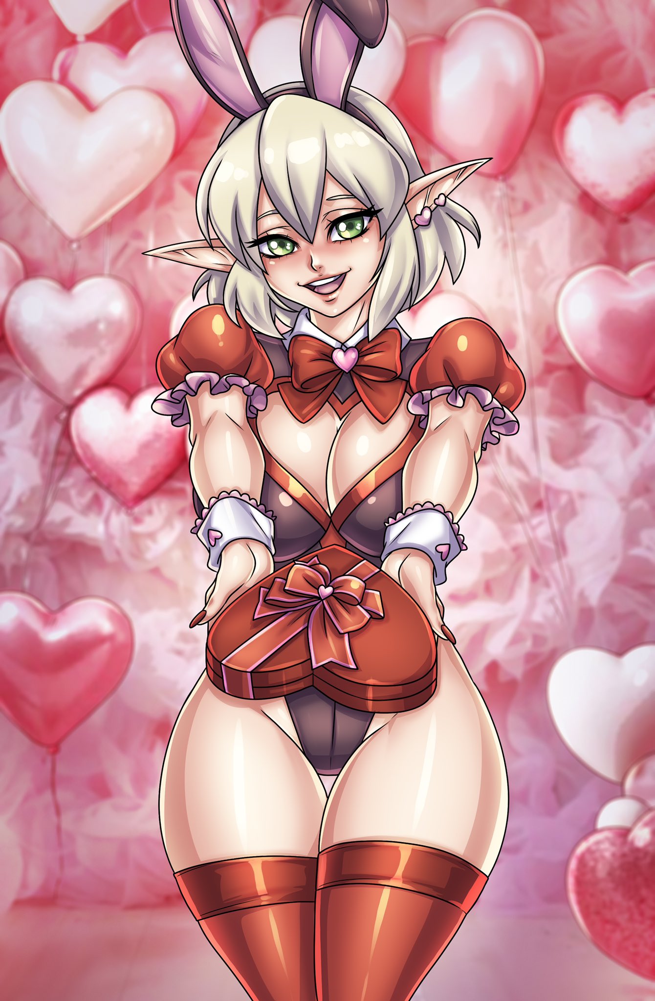 cleavage commission curvaceous curvaceous_female curvaceous_figure curvy digital_artwork_(media) earrings elf_ears green_eyes heart_box heart_earrings large_breasts lavionartz looking_at_viewer mizuhashi_parsee short_hair touhou valentines_day wide_hips