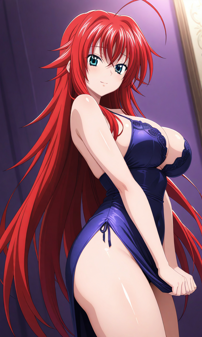 1girls ai_generated big_breasts blue_eyes breasts dress high_school_dxd red_hair rias_gremory solo solo_female