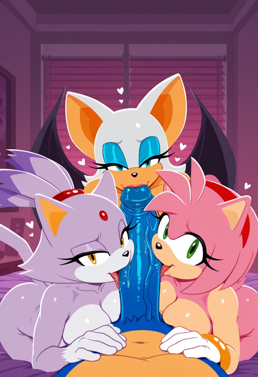 1boy, 2025, 3girls, ai generated, amy rose, anthro on anthro, bigtub7775, blaze the cat, female, male, male anthro/female anthro, penis, rouge the bat, sega, sonic (series), tagme, veiny penis