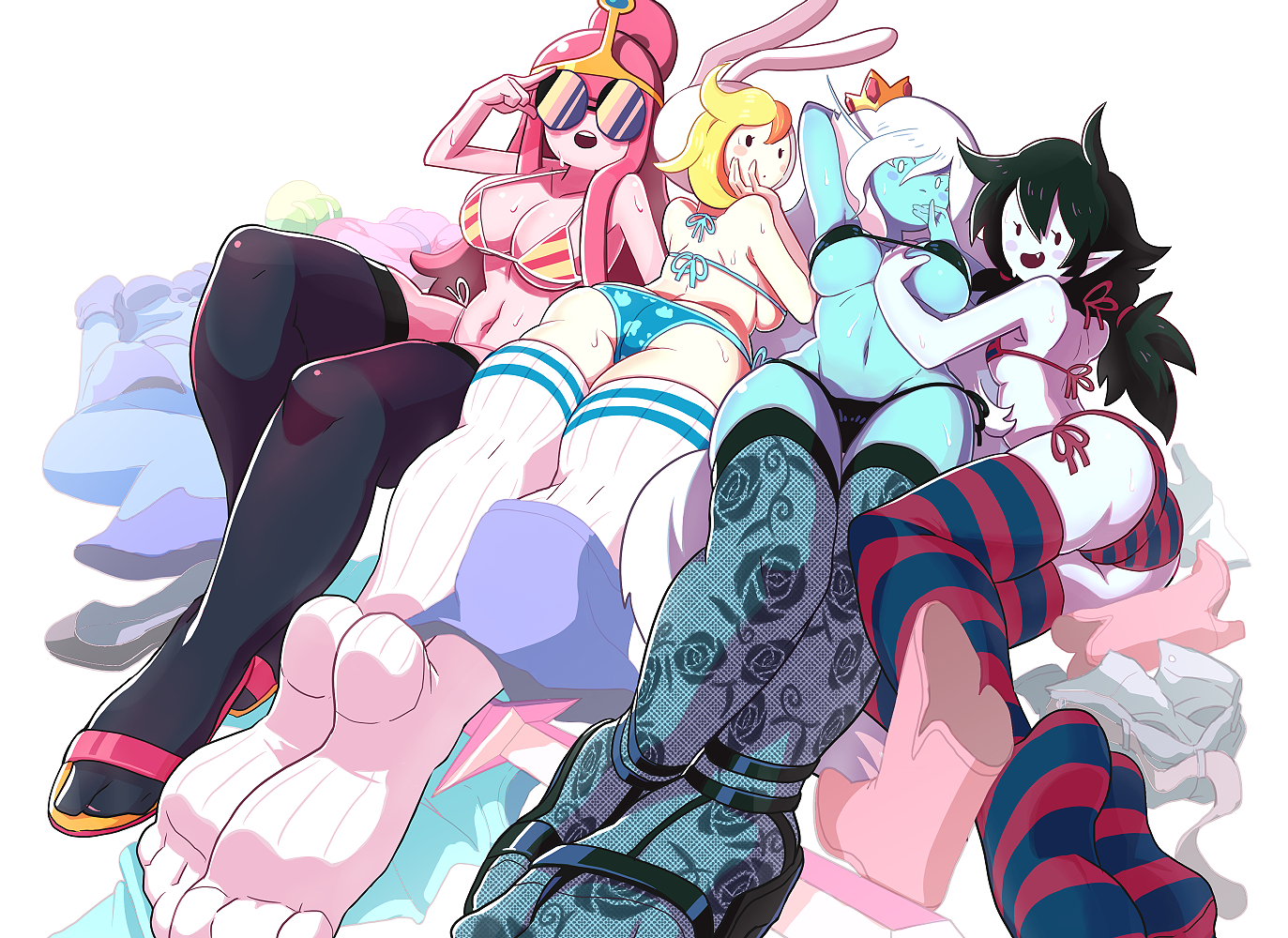 4girls, adventure time, ass, bikini, blush, bra, breasts, feet, female, female focus, female only, fionna campbell, fionna the human girl, foot fetish, gashi-gashi, heels, ice queen, ice queen (adventure time), marceline, marceline abadeer, panties, princess bubblegum, shoes removed, sweat, tabi, tabi socks, tagme, thigh highs