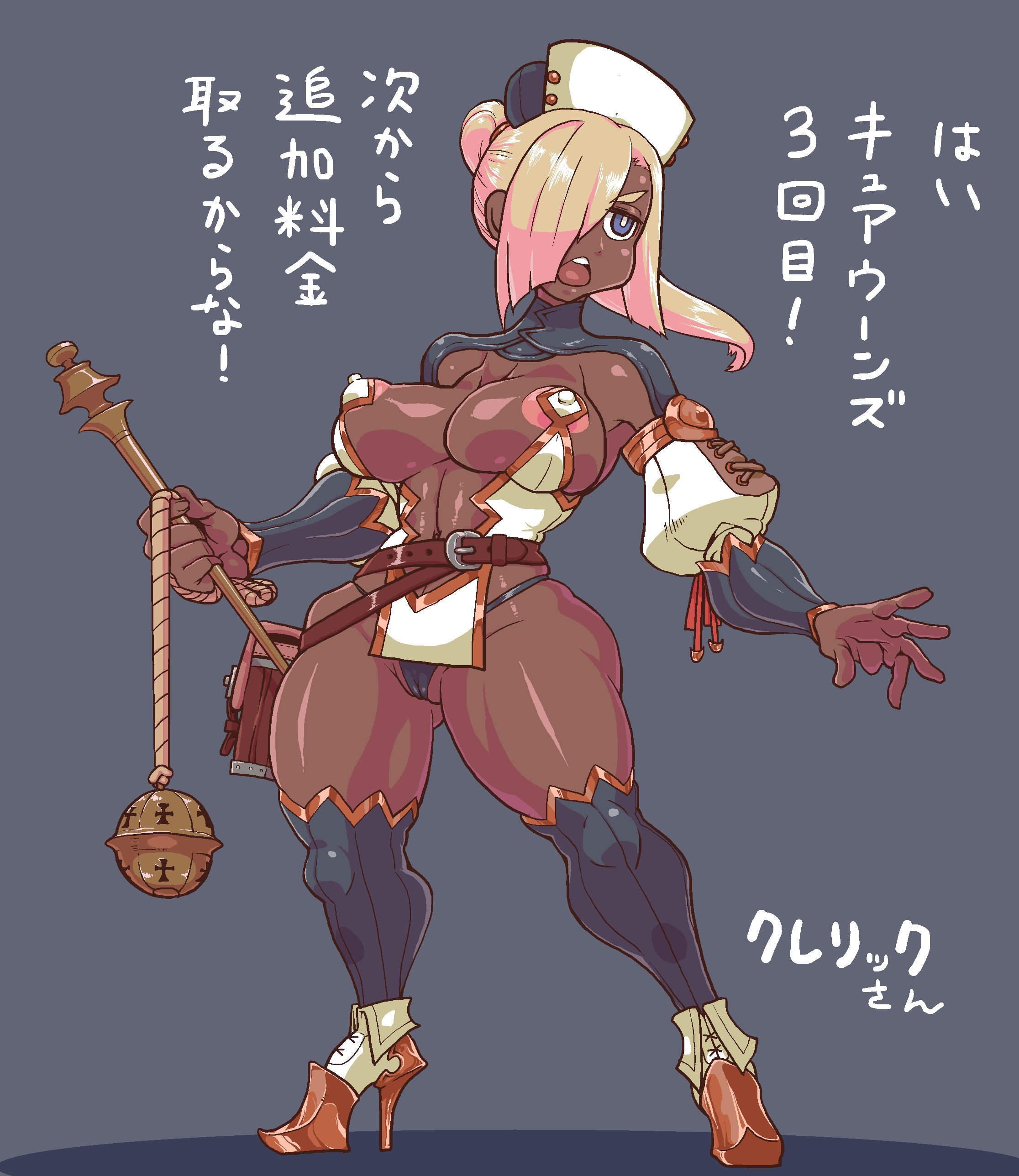 1girls, areolae, ass, big breasts, blue eyes, breasts, brown legwear, cleric, curvy, dark skin, dark-skinned female, erect nipples, female, functionally nude, hair over one eye, heels, high heels, highres, hips, huge breasts, large ass, minami aomori, nipples, no bra, open mouth, original, panties, posing, revealing clothes, rpg, spread legs, teeth, tongue, white hair