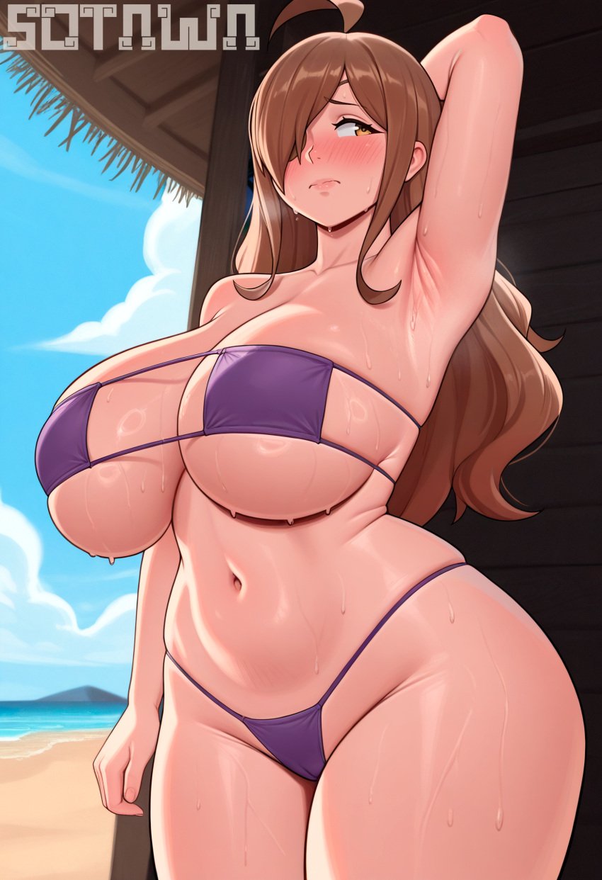 1girls ai_generated arm_up beach big_breasts brown_hair eyepatch_bikini eyes huge_breasts kono_subarashii_sekai_ni_shukufuku_wo! long_hair sotawa thick_thighs wiz_(konosuba) yellow_eyes