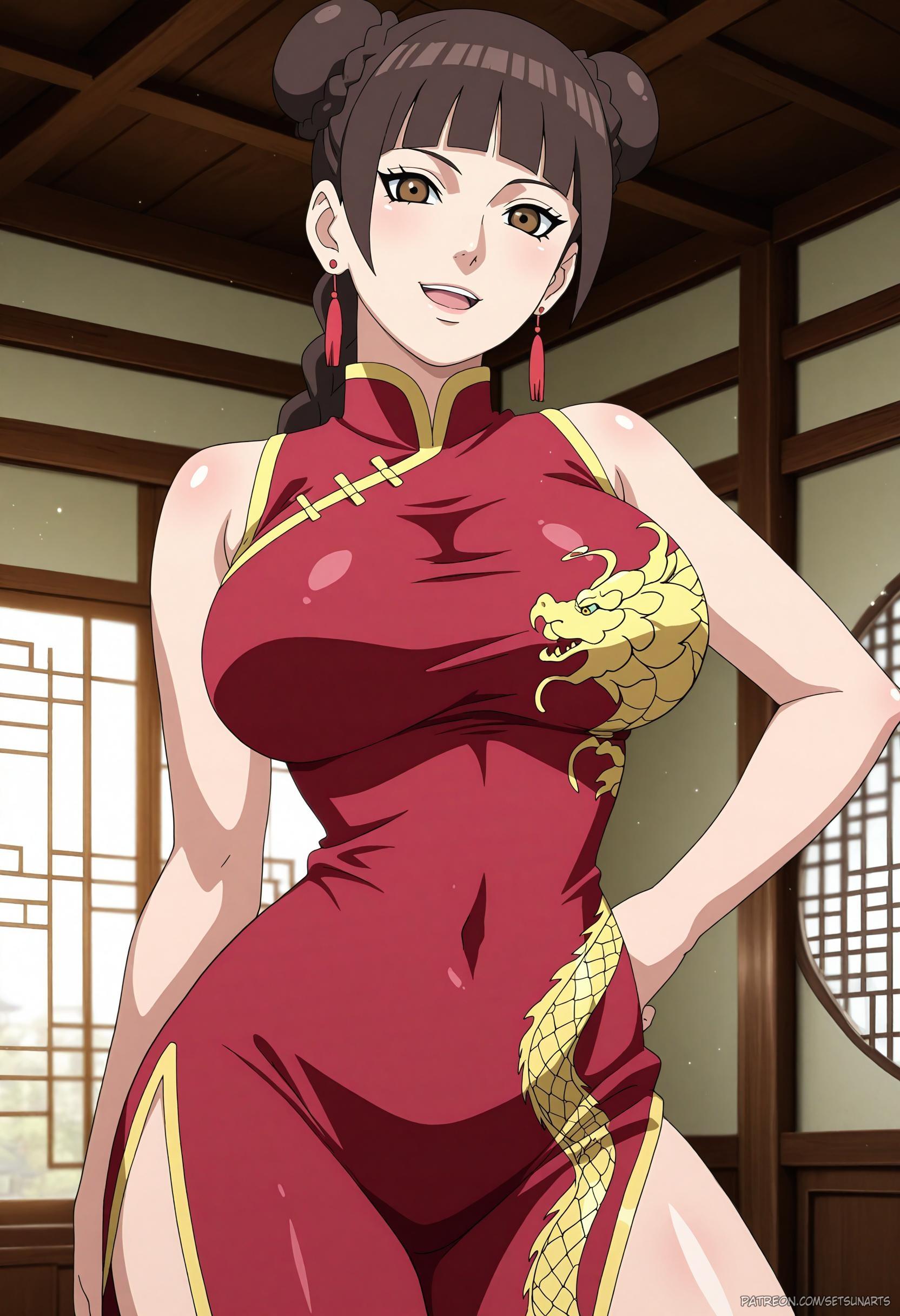 1girls, ai, ai generated, alternate hairstyle, big breasts, blunt bangs, blush, boruto: naruto next generations, braid, braided ponytail, breasts, brown hair, busty, china dress, chinese clothes, curvaceous, curvy, curvy female, curvy figure, double bun, dragon print, dress, earrings, female, female focus, hair bun, high resolution, indoors, light skin, light-skinned female, long hair, naruto, naruto (series), naruto shippuden, naruto: the last, patreon username, ponytail, qipao, setsunaarts, tenten, uncensored, url, watermark