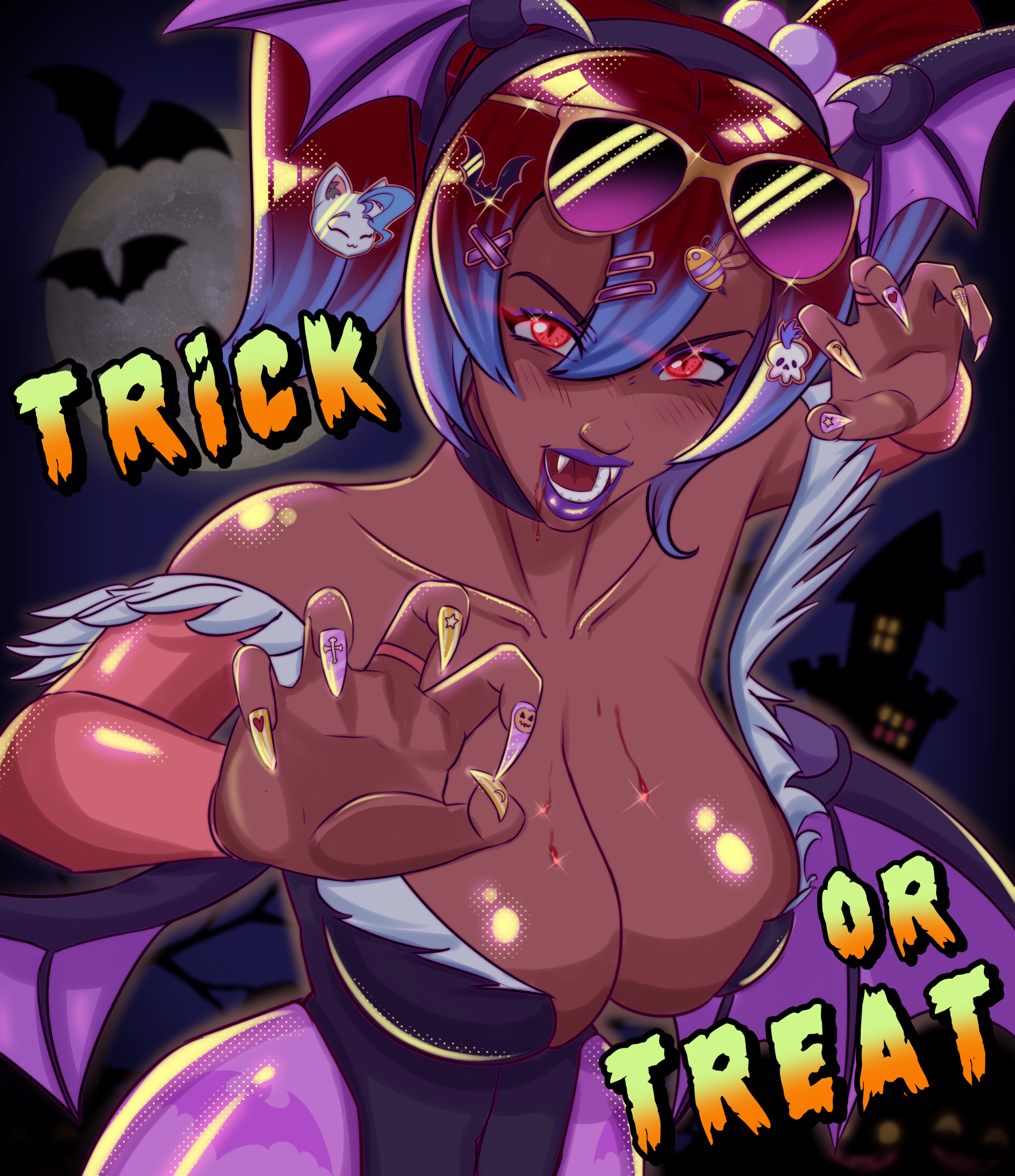 1girls, bat, big breasts, bimbo, blood drip, blood in mouth, blood on face, blood stain, breasts, claw pose, cleavage, cosplay, dark skin, dark-skinned female, darkstalkers, dazol, dulce (dazol), eyelashes, eyeshadow, fangs, female, female only, final fantasy, final fantasy xiv, glowing eyes, gyaru, hair between eyes, hair ornament, halloween, head wings, huge breasts, hyur, large breasts, lipstick, midlander, morrigan aensland, morrigan aensland (cosplay), nail polish, nails, nails painted, open mouth, open mouth smile, original character, red eyes, red hair, self lick, slit pupils, smile, stockings, toned, toned female, trick or treat, twintails, wings