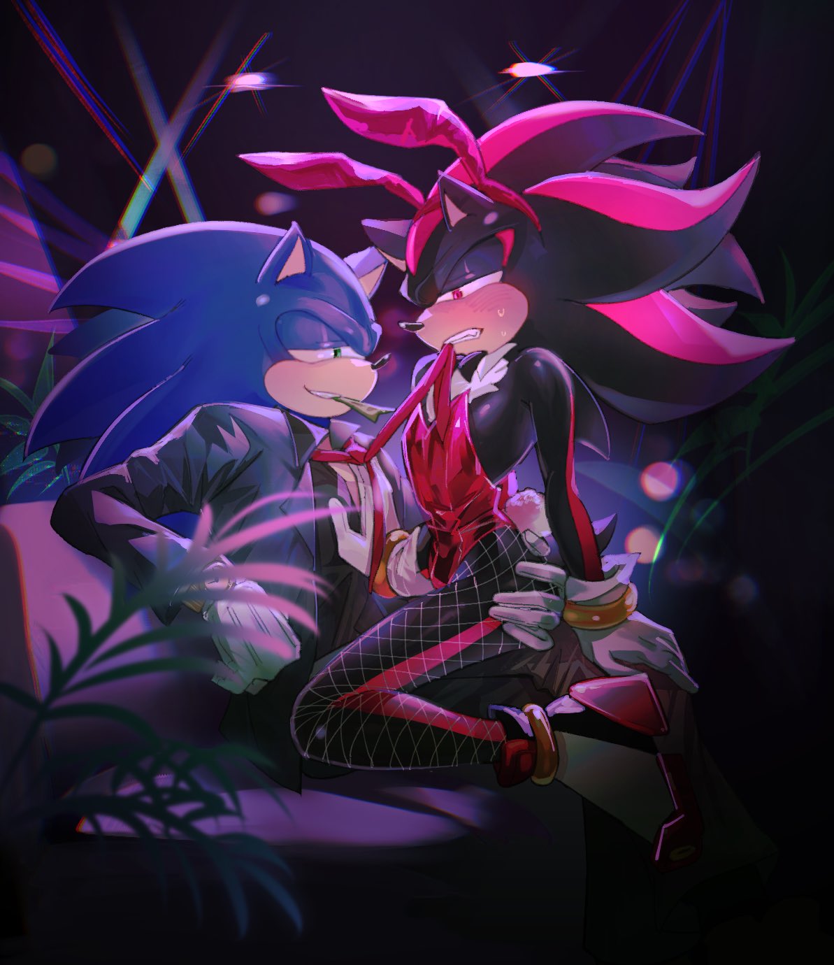 2males anthro anthro_on_anthro biting_tie black_fur blue_fur blush blush_lines bunnysuit club fishnets gay gloves grabbing_ass grabbing_butt green_eyes hedgehog indoor inhibitor_ring looking_at_chest looking_at_partner male/male on_lap plant plants red_bunnysuit red_eyes red_tie sexually_suggestive shadow_the_hedgehog sofa sonadow sonic_(series) sonic_the_hedgehog sonic_the_hedgehog_(series) tagme yaoi