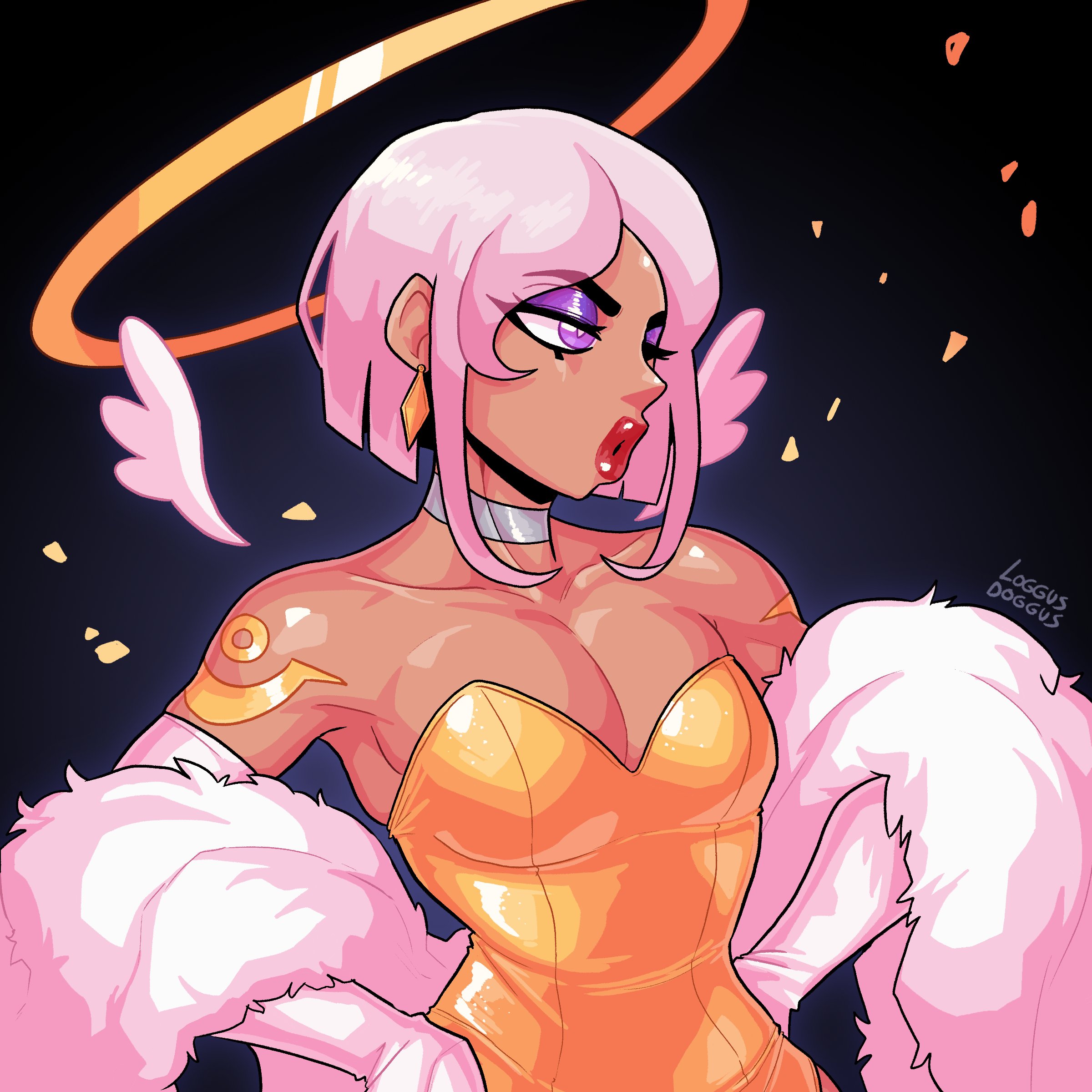 1boy, 1femboy, angel wings, anhel (loggus doggus), dark skin, dark-skinned femboy, dark-skinned male, dark-skinned sissy, earrings, femboy, fur boa, gloves, halo, loggus doggus, makeup, male, male focus, male only, pink hair, red lipstick, short hair, sissy, tight clothing